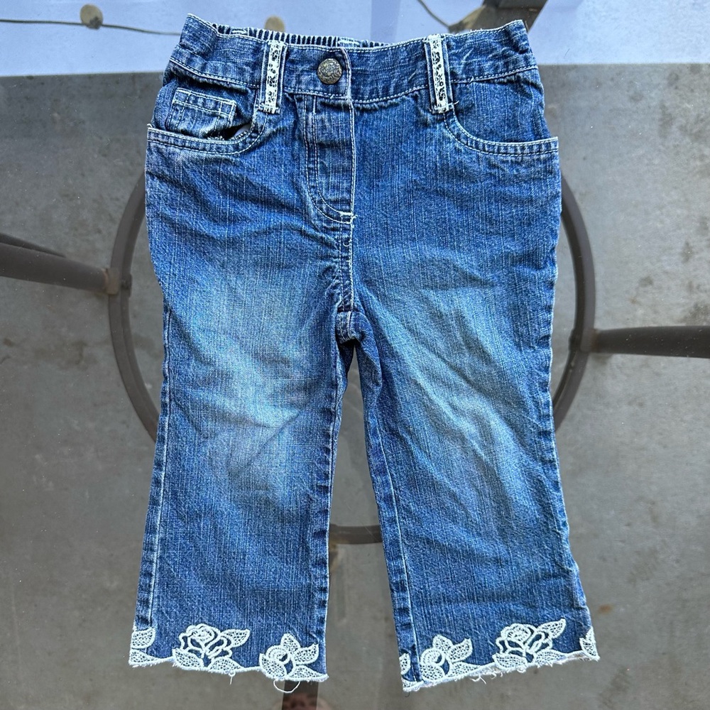 Koala Kids Floral Embroidered Bootcut Denim Jeans in Blue/White Size 18 Months